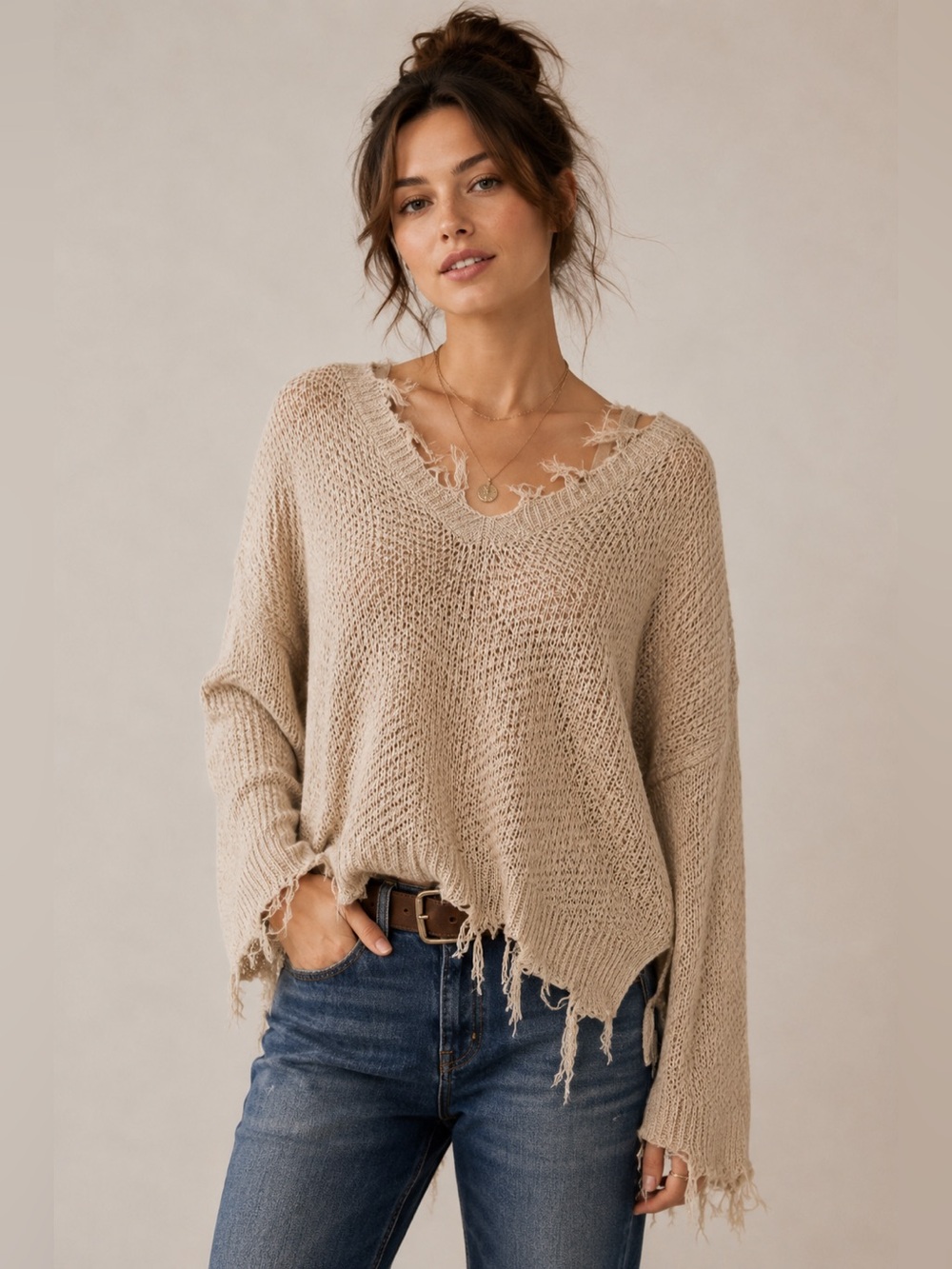 Promesa Oatmeal Distressed Oversized V Neck Boho Sweater M